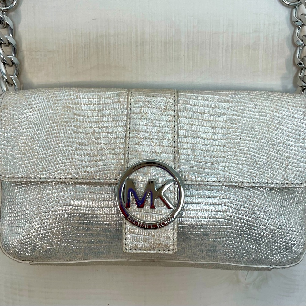 Michael Kors Silver Purse Chain Handle Shoulder Bag Leather Metallic